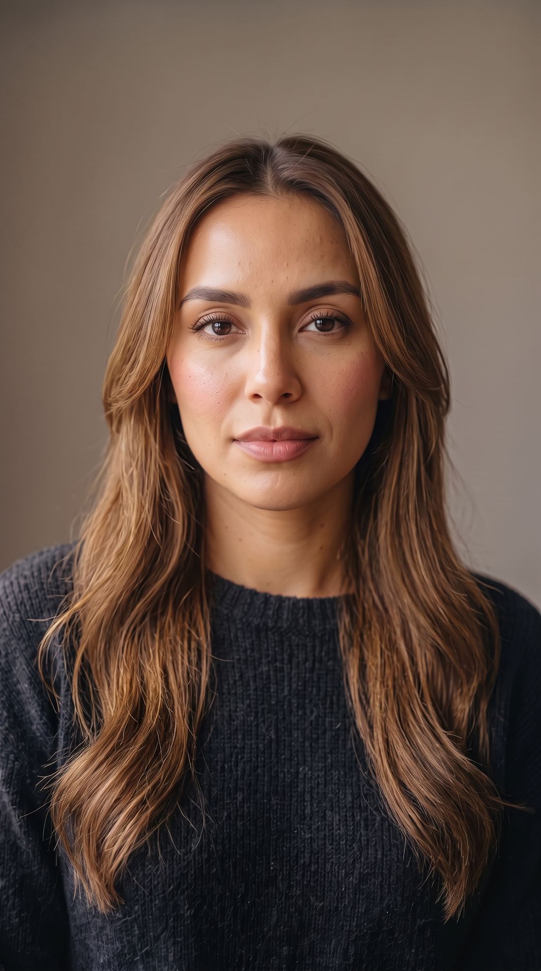 The same woman with long honey brown layered hair and soft makeup, after.