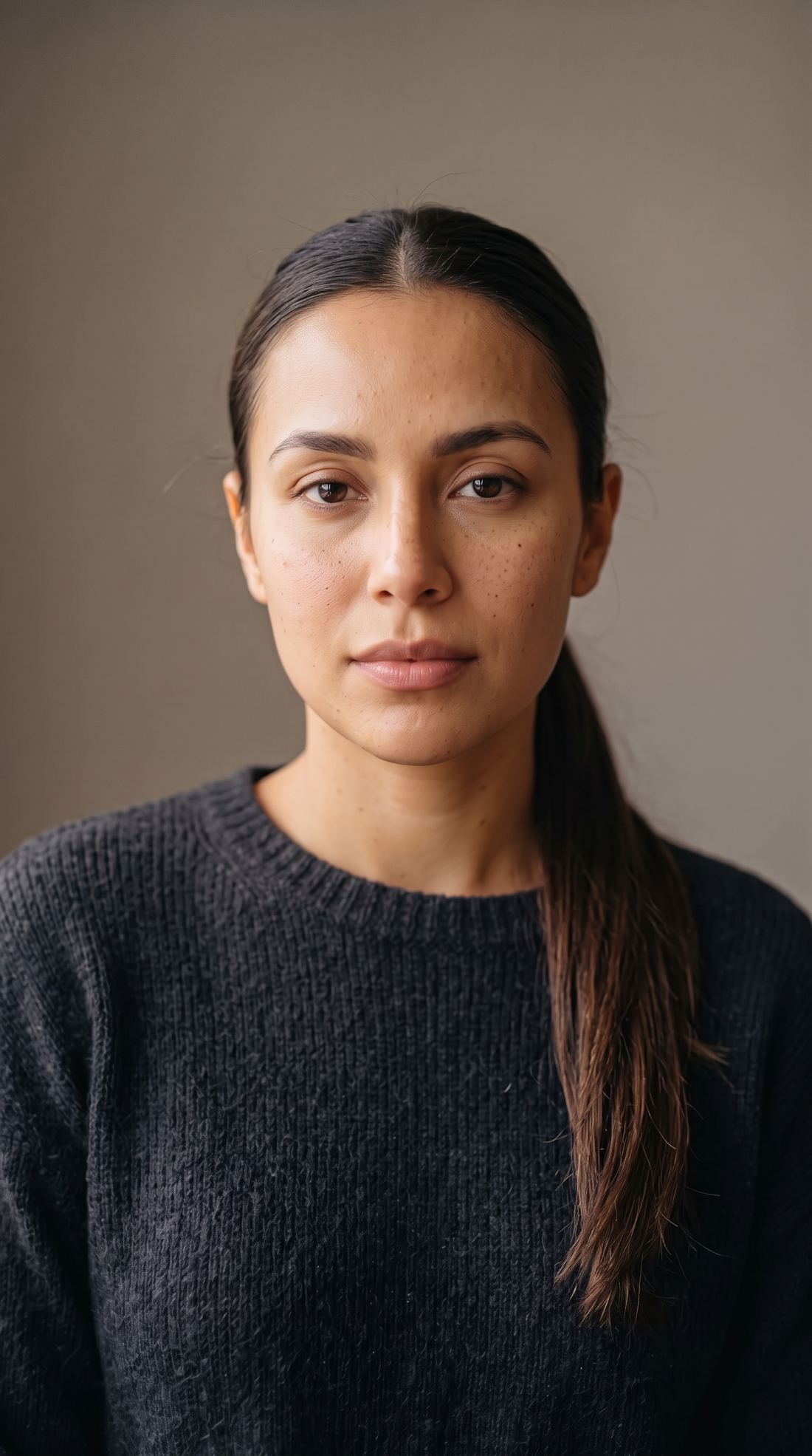 A woman with dark hair in a low ponytail and no makeup, before.